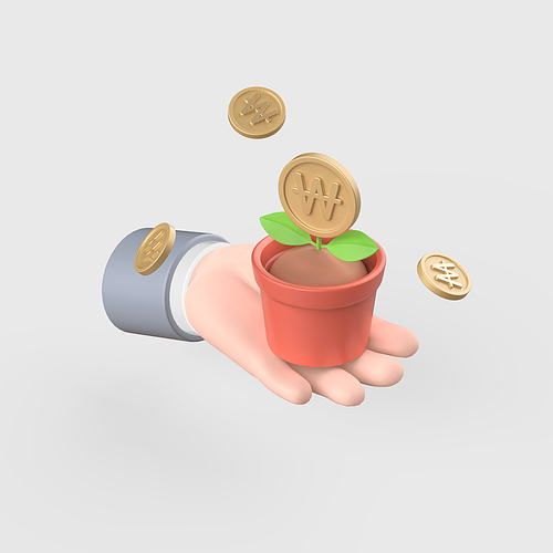 금융_동전 꽃이 핀 화분을 들고있는 손 오브젝트 3D 아이콘
