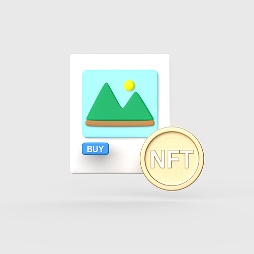 금융_그림 구입과 NFT 동전 3d 오브젝트 아이콘