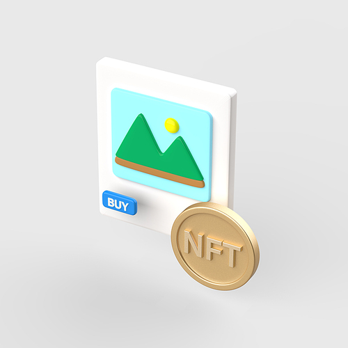 금융_그림 구입과 NFT 동전 3d 오브젝트 아이콘
