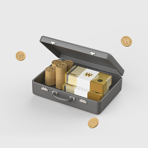 금융_지폐와 동전이 담긴 서류가방 3d 오브젝트 아이콘