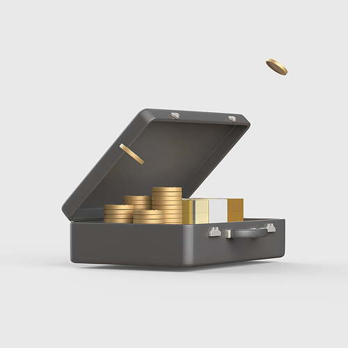 금융_지폐와 동전이 담긴 서류가방 3d 오브젝트 아이콘