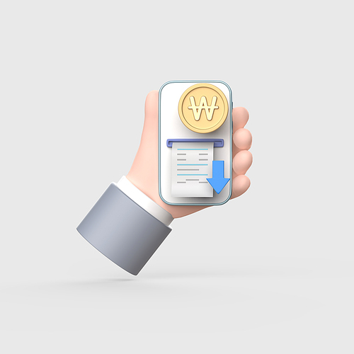 금융_동전과 영수증 하강 화살표가 있는 스마트폰을 들고있는 손 3d 오브젝트 아이콘