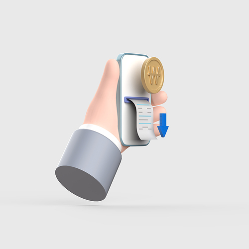 금융_동전과 영수증 하강 화살표가 있는 스마트폰을 들고있는 손 3d 오브젝트 아이콘