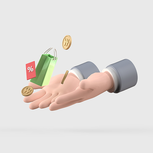 금융_쇼핑백과 동전 퍼센트와 펼쳐진 손 3d 오브젝트 아이콘