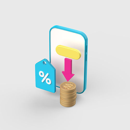 금융_스마트폰과 퍼센트 태그와 하강 화살표와 쌓인 동전 3d 오브젝트 아이콘