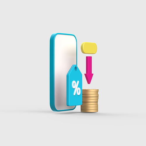 금융_스마트폰과 퍼센트 태그와 하강 화살표와 쌓인 동전 3d 오브젝트 아이콘