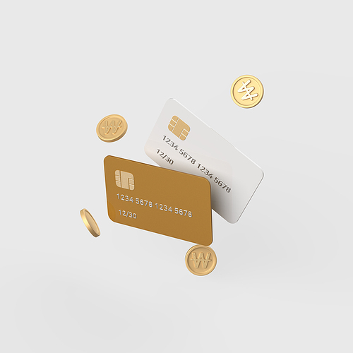 금융_날리는 동전들과 신용카드 체크카드 3d 오브젝트 아이콘
