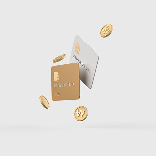 금융_날리는 동전들과 신용카드 체크카드 3d 오브젝트 아이콘
