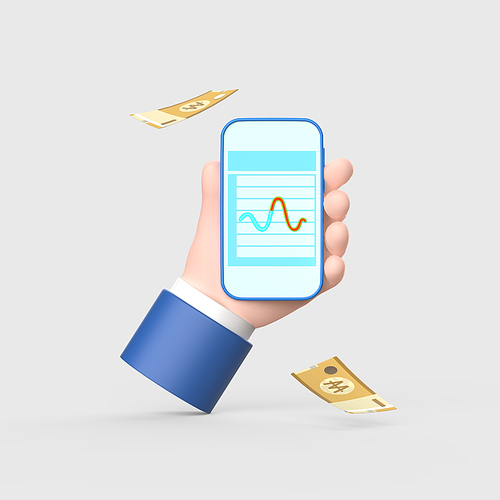금융_날리는 지폐와 그래프가 그려진 스마트폰을 들고 있는 손 3d 오브젝트 아이콘