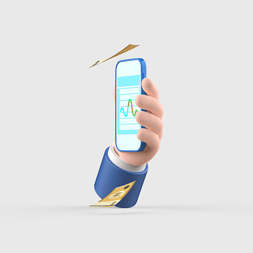 금융_날리는 지폐와 그래프가 그려진 스마트폰을 들고 있는 손 3d 오브젝트 아이콘