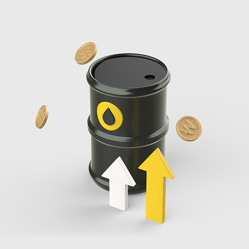 금융_상승 화살표와 날리는 동전과 기름통 3d 오브젝트 아이콘