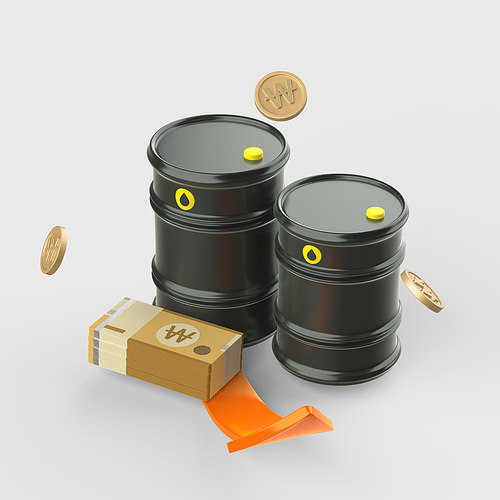 금융_지폐와 날리는 동전과 상승곡선 화살표가 있는 기름통 3d 오브젝트 아이콘