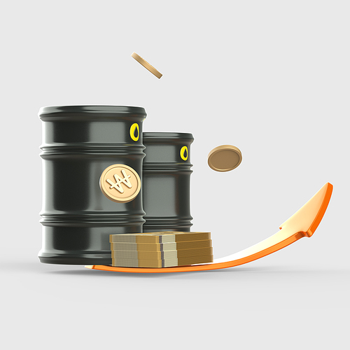 금융_지폐와 날리는 동전과 상승곡선 화살표가 있는 기름통 3d 오브젝트 아이콘