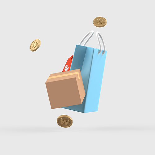 할인쿠폰과 쇼핑백 택배상자 오브젝트 3d 그래픽
