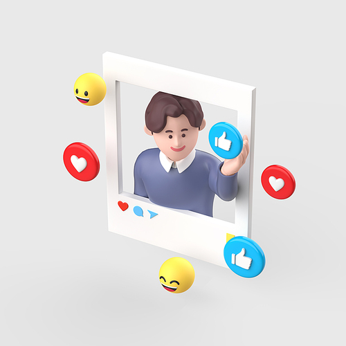 SNS 좋아요와 이모티콘 남자 3d 그래픽