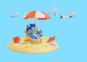 해변에 의자에 누워 휴양 즐기는 용 캐릭터 3d 캐릭터