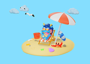 해변에 의자에 누워 휴양 즐기는 용 캐릭터 3d 캐릭터