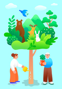 나무에 물주는 사람과 나무위에 자연과 동물