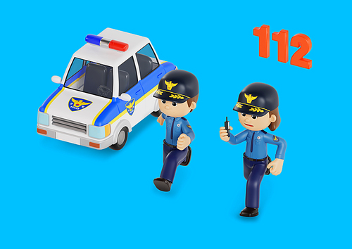 신고받고 출동하는 경찰과 경찰차 3d 그래픽