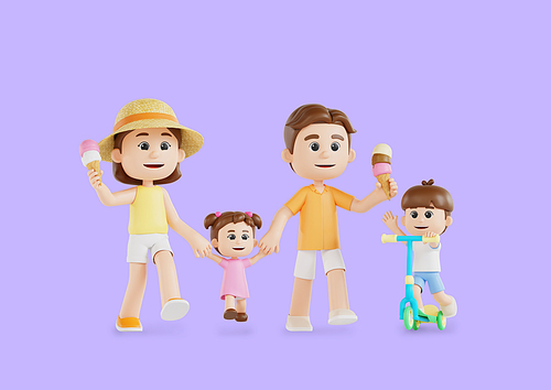 아이스크림들고 걷고있는 가족과 킥보드 타고 있는 남자아이 3d 캐릭터