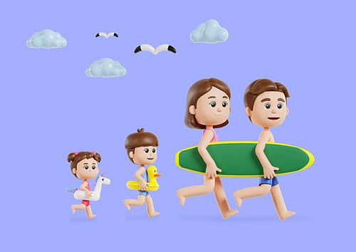 서핑보드와 튜브들고 달리는 가족 3d 캐릭터