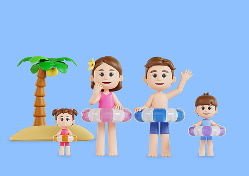 튜브 착용하고 여름휴가 즐기는 가족 3d 캐릭터