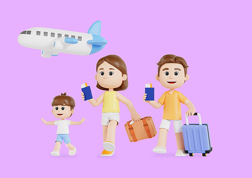 캐리어와 여행 가방과 여권들고 여행가는 가족 3d 캐릭터