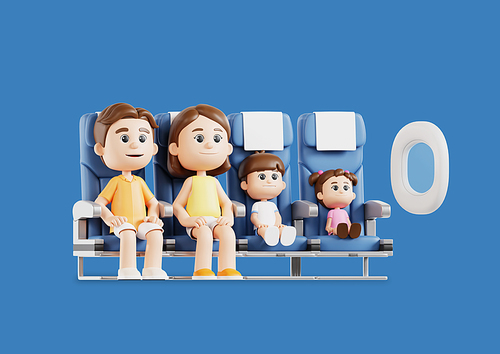 비행기 실내 좌석에 앉아있는 가족 모습 3d 캐릭터