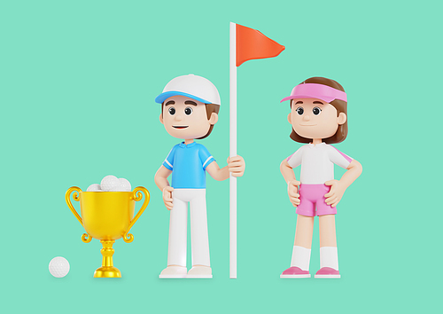 골프 깃발들고 서있는 남자와 여자 3d 캐릭터 트로피