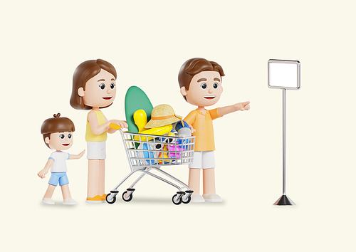 여름 휴가가기 위해 휴가 물품 구매하는 가족 3d 캐릭터