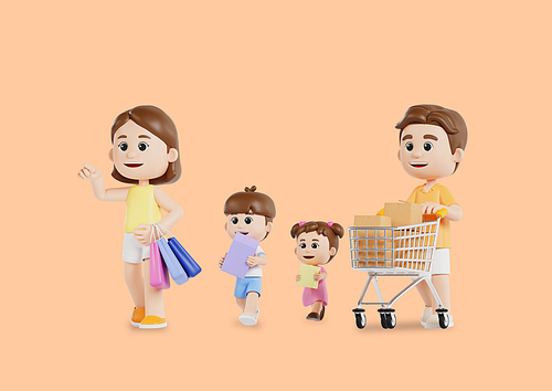 여름 휴가가기 위해 쇼핑하는 가족과 쇼핑카트 3d 캐릭터
