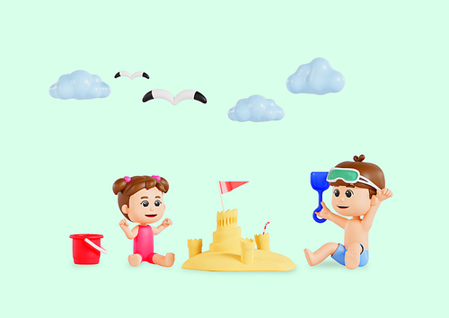 해변에서 모래성만들고 있는 남자아이와 여자아이 3d 캐릭터