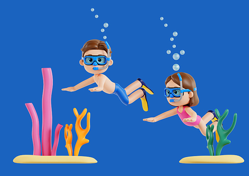 물속에서 스노클링 장비로 물놀이 하는 남자와 여자 3d 캐릭터