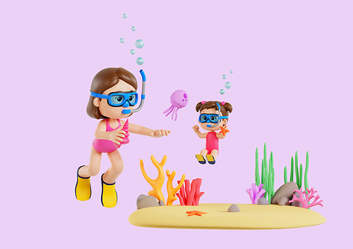 물속에서 스노클링 장비로 물놀이하는 엄마와 딸 3d 캐릭터