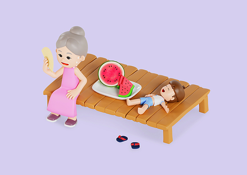여름 무더위에 부채질하는 할머니와 수박먹고 편하게 누워있는 남자아이 3d 캐릭터