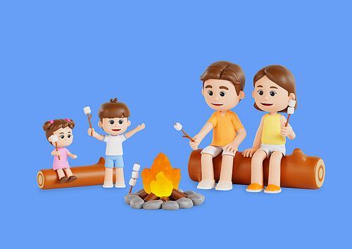 캠핑가서 통나무에 앉아서 모닥불에 마시멜로우 구워먹는 가족 3d 캐릭터