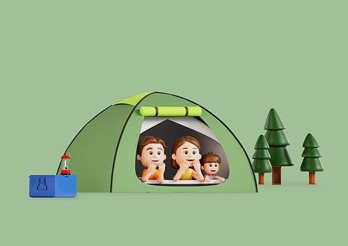 캠핑가서 텐트안에서 바깥풍경보며 즐거운 시간 보내는 가족 3d 캐릭터