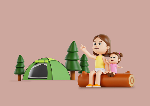 캠핑가서 통나무에 앉아서 하늘 바라보는 엄마와 딸 3d 캐릭터
