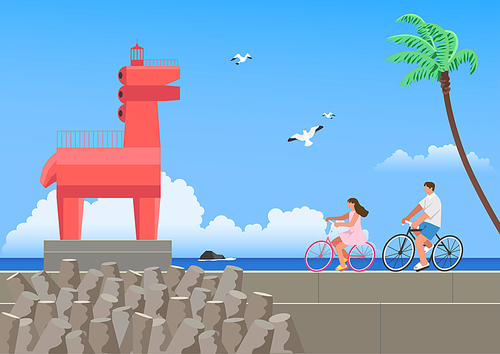 제주도 이호테우 해변에서 자전거 타는 남자와 여자