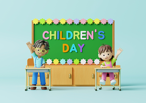 책상에 앉아서 어린이날 기념하고 있는 손들고 인사하고 있는 남자아이와 여자아이