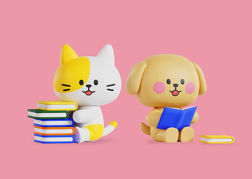책 쌓아두고있는 고양이와 책 읽고있는 강아지 캐릭터