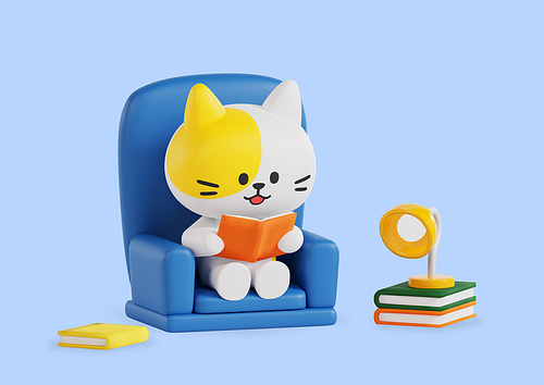 소파에 앉아 책 읽고 있는 고양이 캐릭터