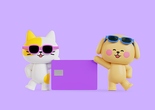 신용카드와 선글라스 쓰고있는 강아지와 고양이 캐릭터