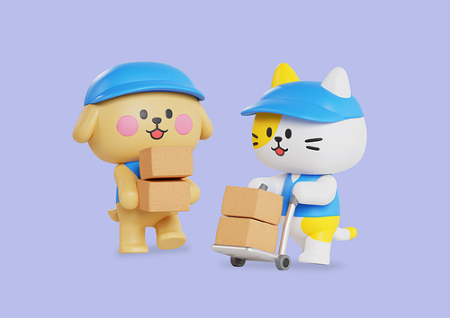 택배 배송하기 위해 운반하는 강아지와 고양이 택배기사 캐릭터