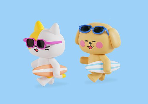 서핑하러가는 강아지와 고양이 캐릭터