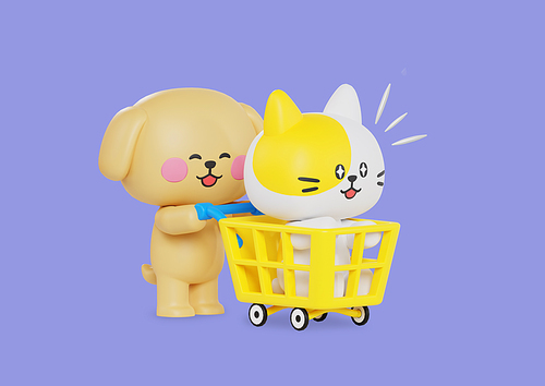쇼핑카트에 담긴 고양이와 카트밀고 있는 강아지 캐릭터