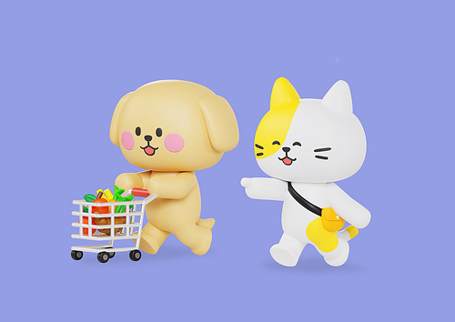 쇼핑카트에 식료품담고 쇼핑하는 강아지와 고양이 캐릭터