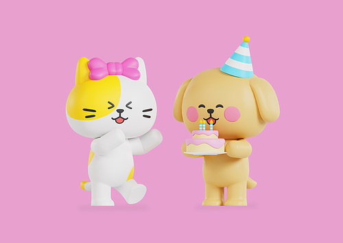 생일 축하하는 강아지와 고양이 캐릭터