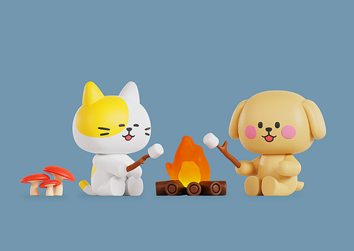 모닥불에 마시멜로우 구워먹는 강아지와 고양이 캐릭터