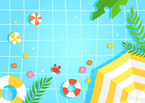 위에서 바라본 꽃과 야자수와 비치볼 파라솔 튜브가 있는 여름 물놀이 수영장 배경 일러스트